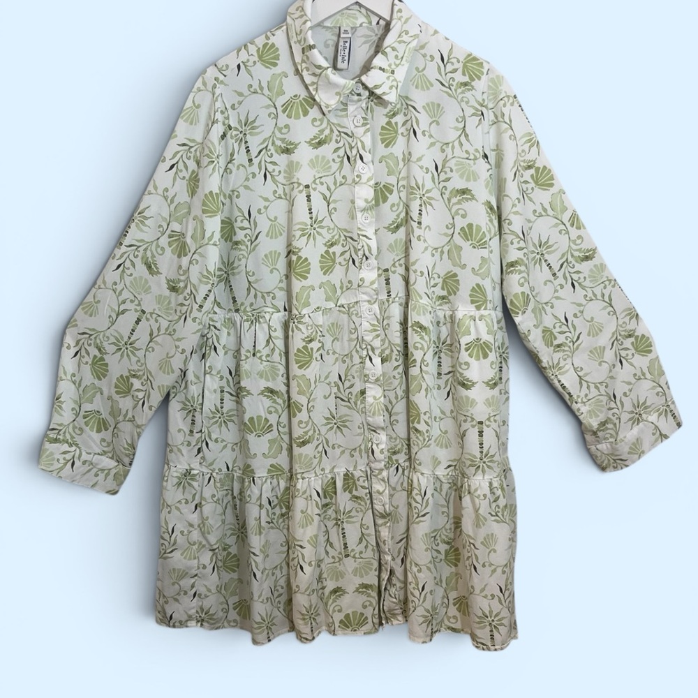 torrid Cream Dress with Green Floral Print - Tiered Button-Front
